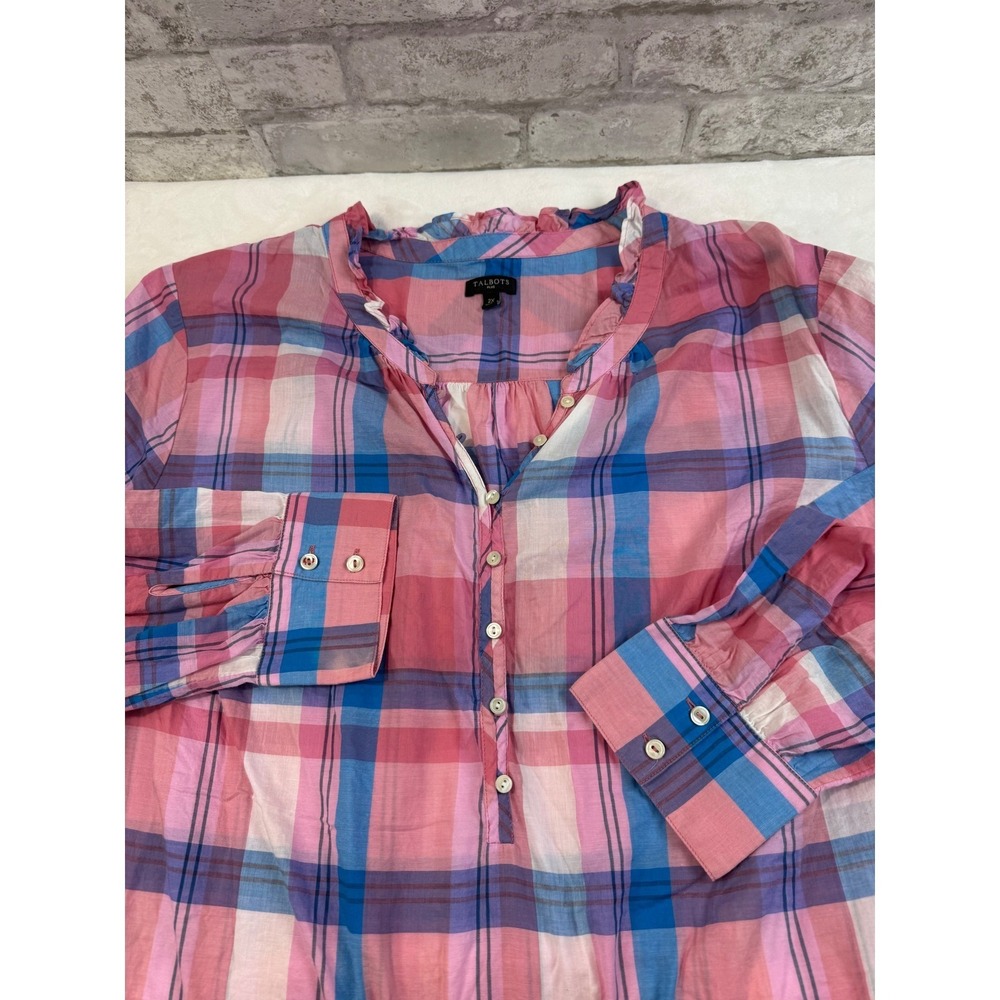 Talbots Popover‎ Top Blouse Pink Plaid Ruffle Henley V-neck Long Sleeve Size 2X - Picture 3 of 9